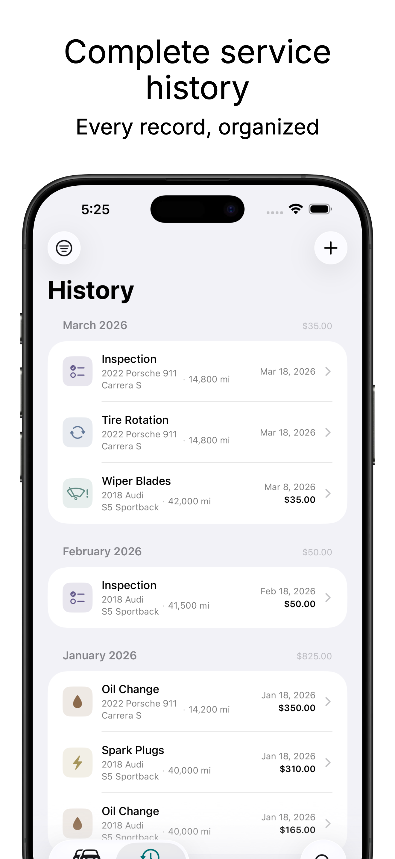 Complete service history organized by month