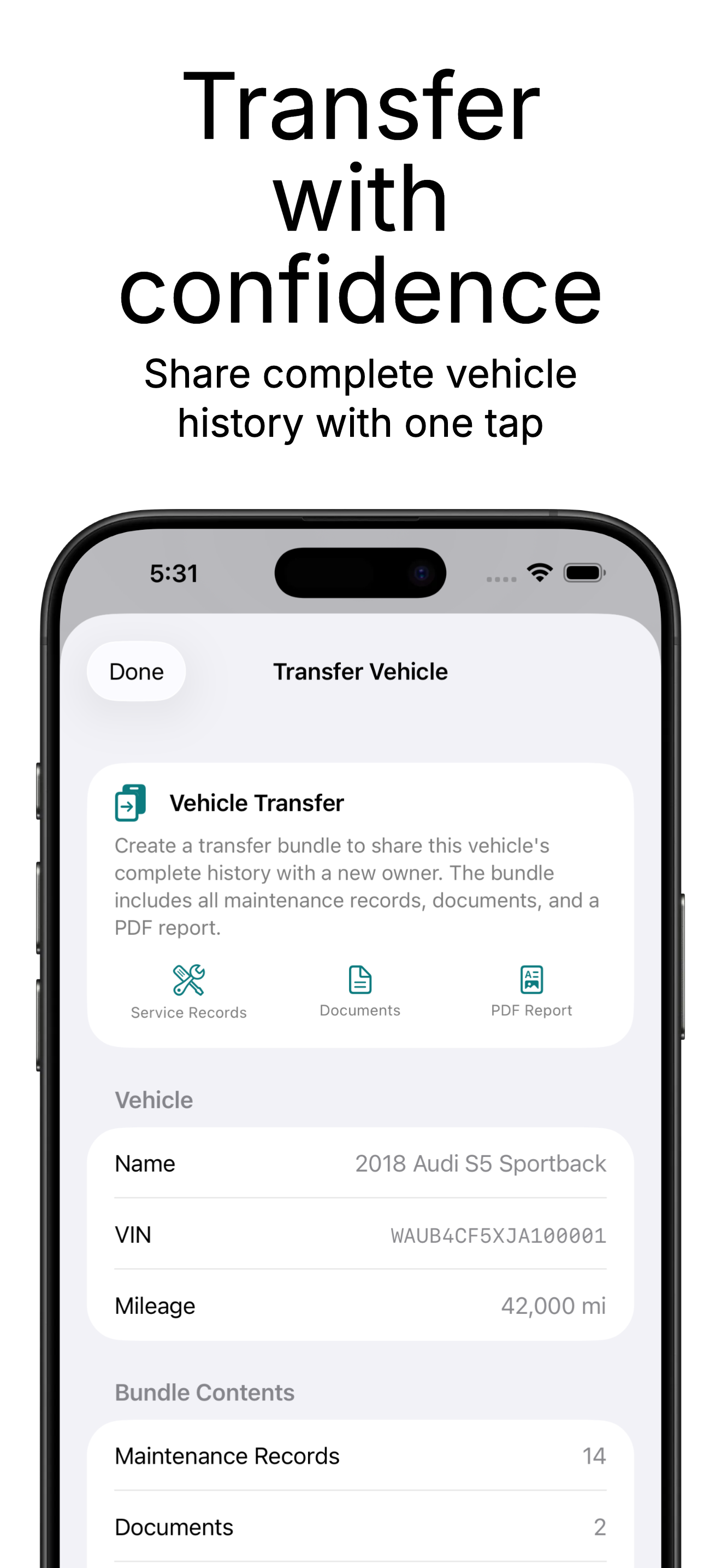 Vehicle transfer with complete history bundle
